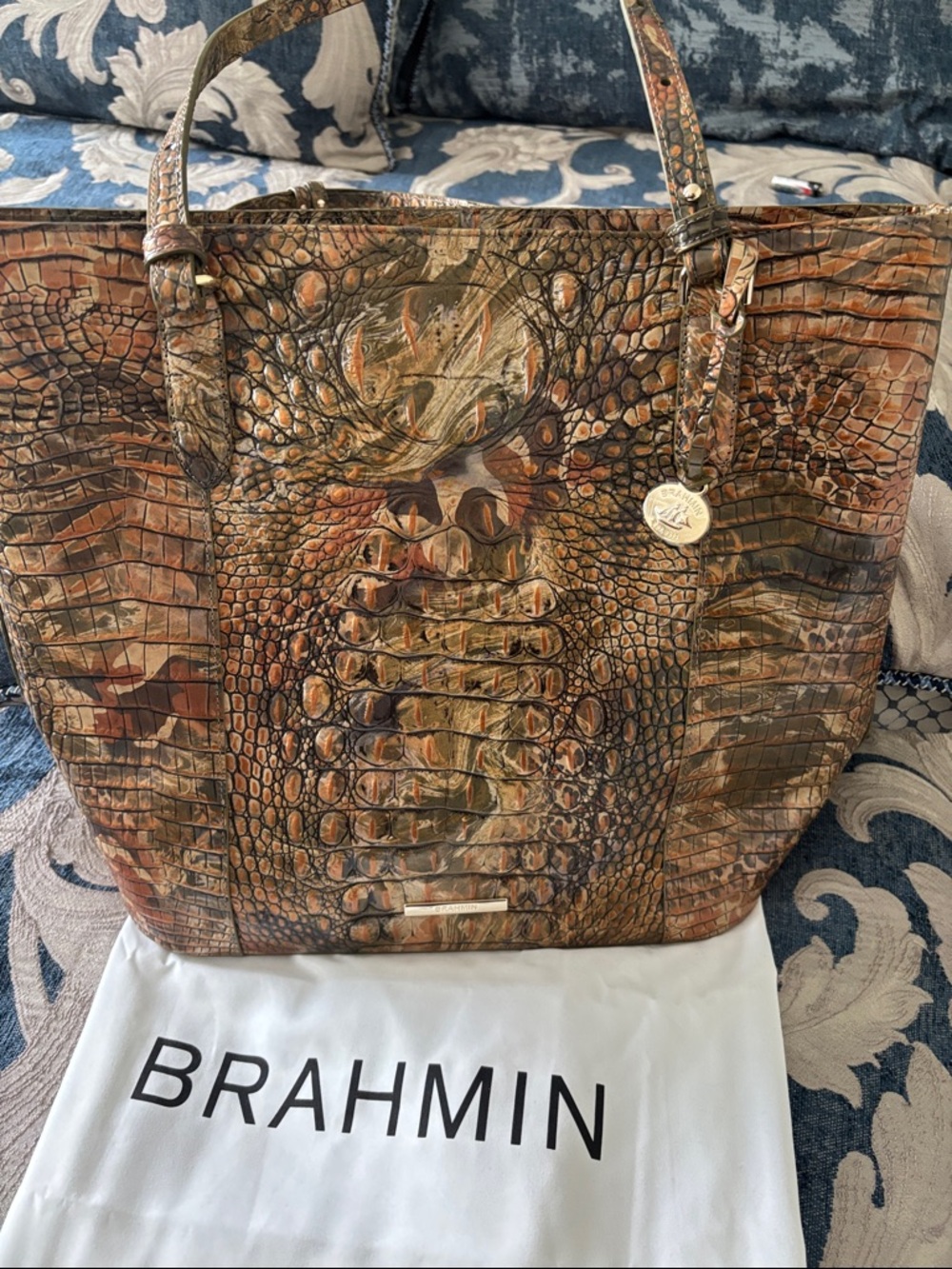 Brahmin Brown Multi Croc-Embossed Leather Tote with Gold Charm